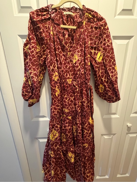 Ulla Johnson Dresses & Skirts - Ulla Johnson Burgundy and Yellow Long Sleeve Tiered Midi Dress